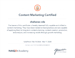 HubSpot Digital Marketing Certification earned by Best Freelance Digital Marketing Strategist in Malappuram